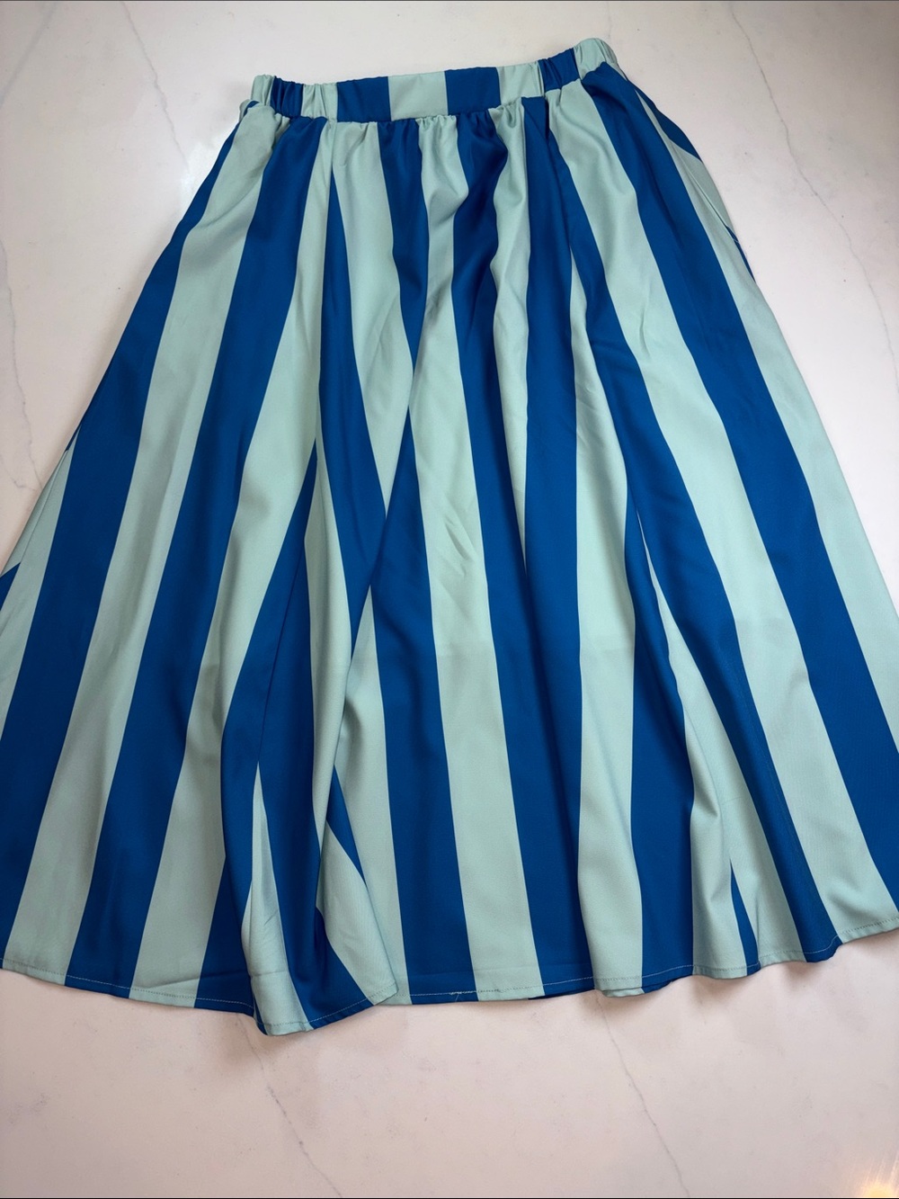 Blue and Mint Vertical Stripe Midi Skirt